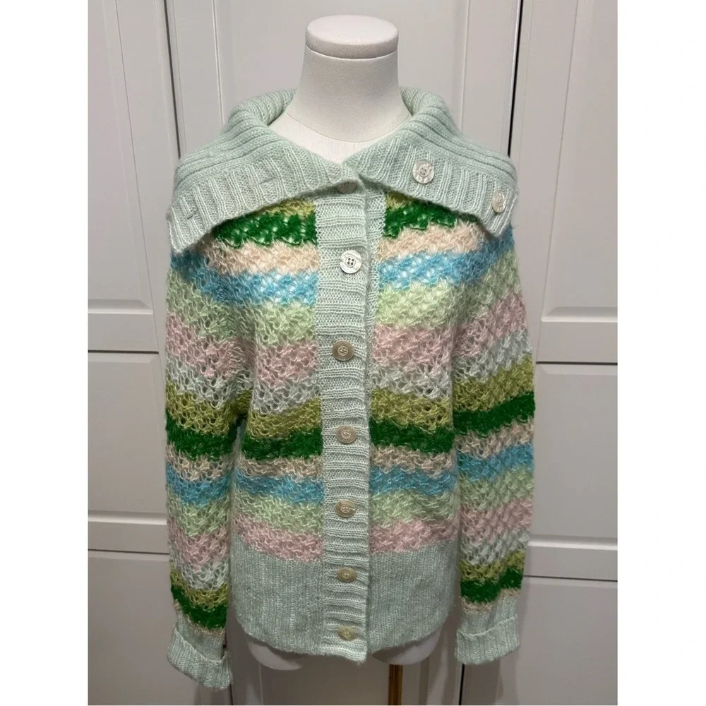 Free People‎ Stripe Cardigan Pastel Green, Pink, Blue Shawl Collar Wool Blend M